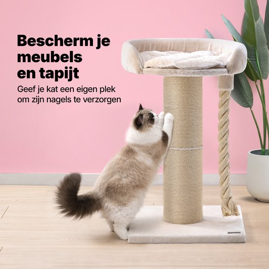 Jake und Jacky Kratzbaum für große Katzen mit Korb – mit Spielseil – Natur/Creme – 57 x 57 x 90 cm – Ø Sisal-Kratzbaum 20 cm