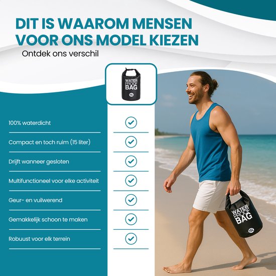 TTD® Waterproof Bag - Wasserdichter Drybag - Aufbewahrungsbeutel - 15 L - Outdoor Bag - Schwarz