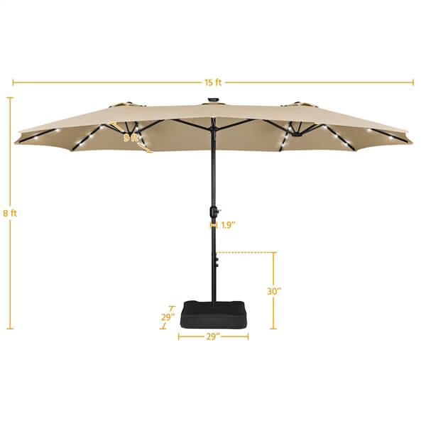 Yaheetech Doppelter Terrassenschirm 15 ft – 36 Solar-LEDs – inklusive Sockel/Sandsäcke