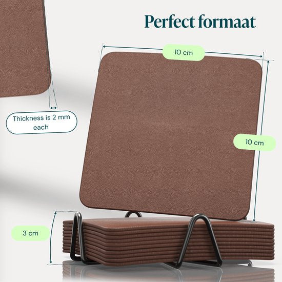 Castagnola Untersetzer aus Kunstleder – Untersetzer für Gläser – Design-Untersetzer mit Halter – Untersetzer-Set aus Kunstleder mit Metallhalter – Leder – 10er-Set – Braun – 10 x 10 cm