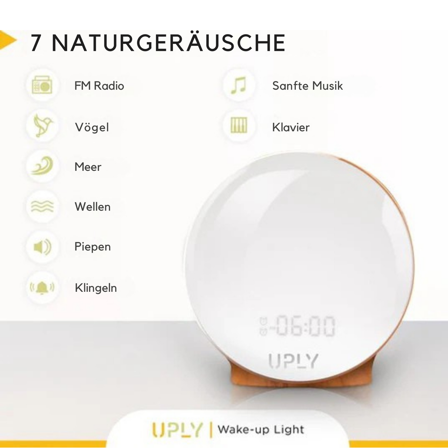 UPLY - Wake Up Light - Lichtwecker mit USB-Ladestation - mit 4 Alarmen - WiFi - Google Home | Amazon Alexa - Weiß