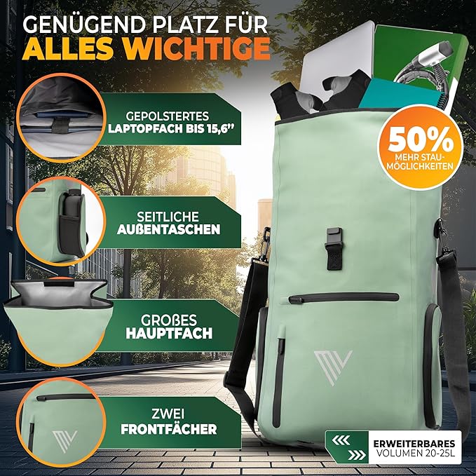MIVELO - 3-in-1-Rucksack & Umhängetasche - Wasserdicht - 25 Liter - Mint