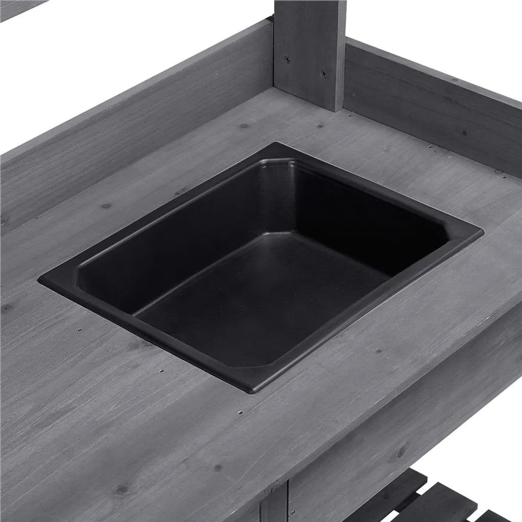 Yaheetech Beistelltisch mit Spülbecken 114,8 x 45 x 121 cm – Grau – Pflanzen-Tisch aus Holz mit Schublade und verstellbarem Regalboden