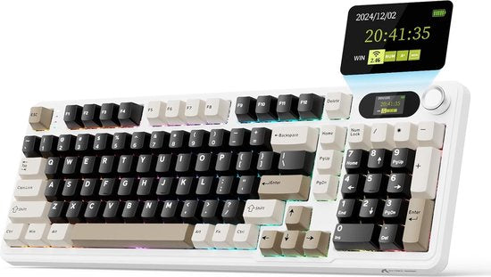 ATTACK SHARK X98 – Kabellose mechanische Gaming-Tastatur – TFT-Display – Multifunktions-Drehregler – PBT-Tastenkappen – Tri-Mode (kabelgebunden/2,4 GHz/Bluetooth) – Gasket-Mod – 98 Tasten – Cheese White