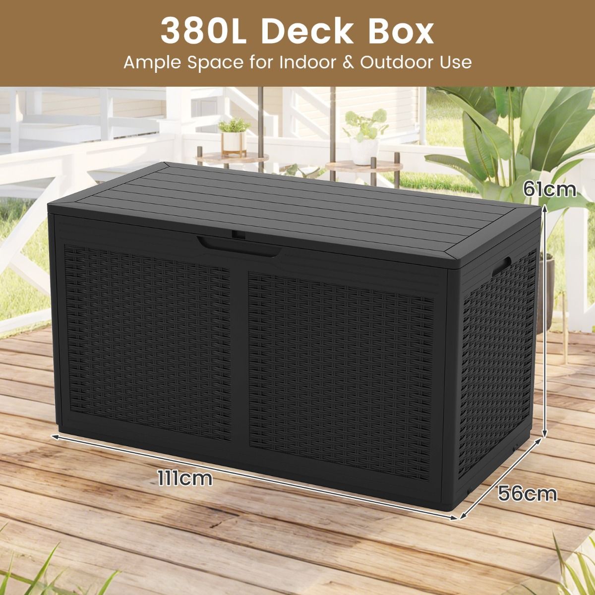 Coast Gartenbox mit Rollen – wasserdichte Aufbewahrungsbox – Sitzbank – schwarz – 380 Liter