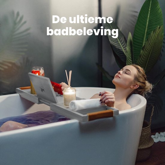 RelaxTub® Badewannenbrett - Badewannenbrett für die Badewanne - Badewannenregal - Verstellbar - Rutschfest - Badewannenbrett Grau - Badewannenbrett Holz - Badewannenregal mit Buchhalter, Tablet-Halter & Spiegel