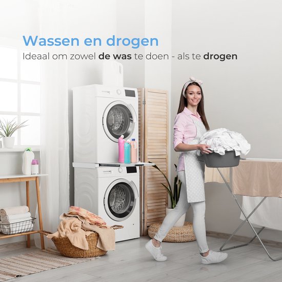 Skoov Abstandshalter für Waschmaschine & Trockner - Stapelset - Mit ausziehbarem Fachboden - Universal - Trockner - Möbel - inkl. Schwingungsdämpfer und Spannband