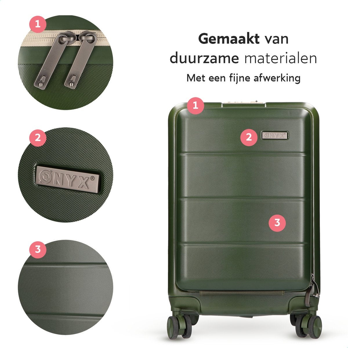 ONYXÂ® Handgepäck Koffer - Spinner-Räder - Doppeltes TSA-Schloss - Praktische Fronttasche - 35 L - 55 cm - Oliv
