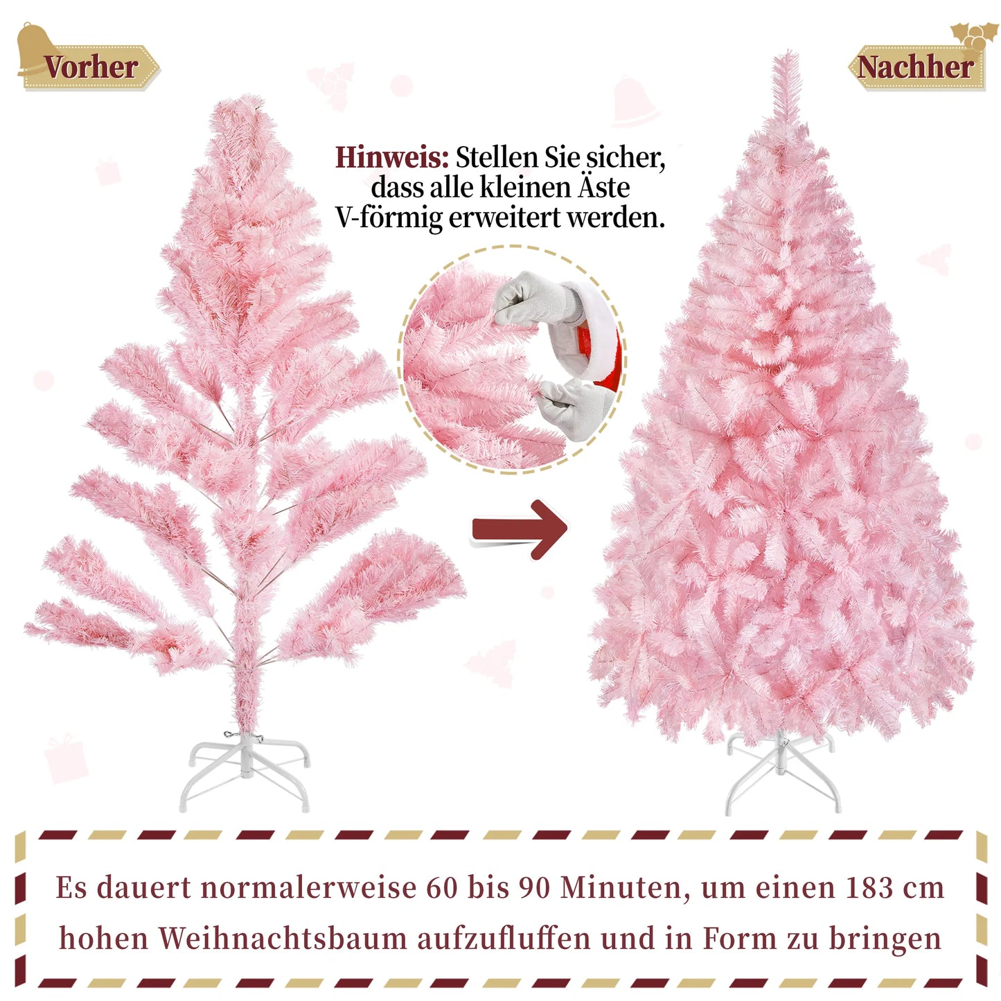 Yaheetech Künstlicher Weihnachtsbaum Rosa - 110 x 110 x 183 cm - Mit 598 Zweigen und zusammenklappbarem Metallsockel und schützenden Gummikappen - Für Wohnzimmer und Feiertage - Rosa PVC und Metall