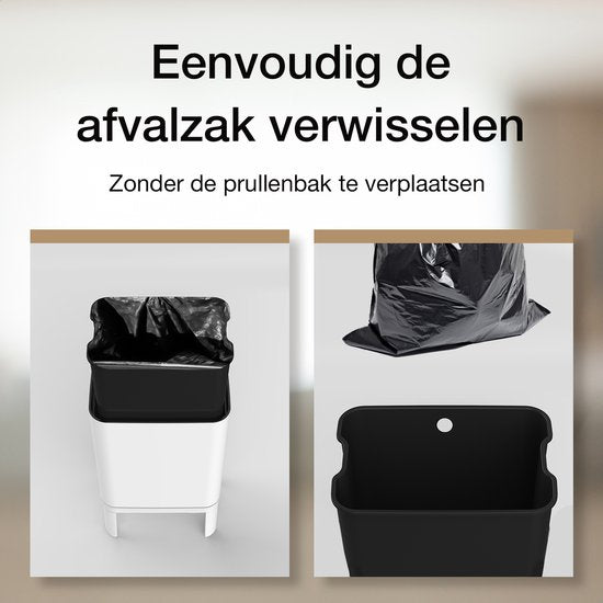Loftey Mülleimer 60 Liter - Push/touch Mülleimer - Duo Mülleimer mit Inneneimer - Mülleimer 2 Fächer - Abfalltrennung 2x30L - Küche - Weiß/RVS