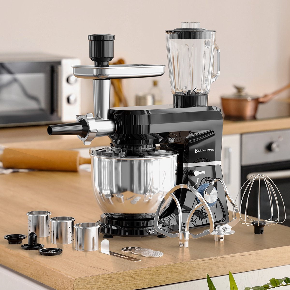 KitchenBrothers Küchenmaschine - Komplettset - 15 Zubehörteile - Küchenroboter - 6L - 1500W - Schwarz