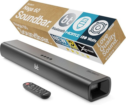 Majority Naga 60 Soundbar für TV - Inklusive Soundbar-Halterung - Mit eingebautem Subwoofer - Bluetooth 5.0, HDMI ARC, optischer und AUX-Anschluss - 2.1 Surround Sound - Fernbedienung - schwarz