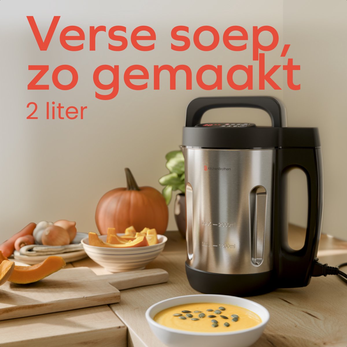 KitchenBrothers Suppenschöpfer - 2L - 5 Programme - Timeranzeige - Mixer - Edelstahl/Schwarz