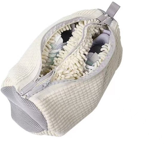 Schuhwaschbeutel – Doppelbeutel mit verdecktem Reißverschluss – Für die Waschmaschine geeignet – 360-Grad-Reinigung – Farbe: Weiß