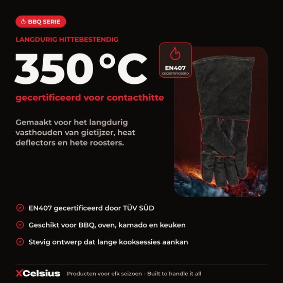XCelsius® BBQ-Handschuhe aus Spaltleder – TÜV-zertifiziert nach EN 407 – Hitzebeständige Grill- und Ofenhandschuhe – Für Kamado, Gusseisen, Roste und Hitzeschilde – Geschenke für Männer – 1 Paar – Schwarz mit Rot