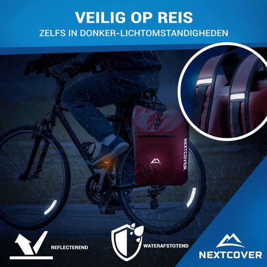 NEXTCOVER® NEW 3-in-1 Fahrradtasche für Gepäckträger [Aquashield] - Reflektierende Gepäcktasche wasserdicht - Rucksack und Umhängetasche [25 Liter]- Rot