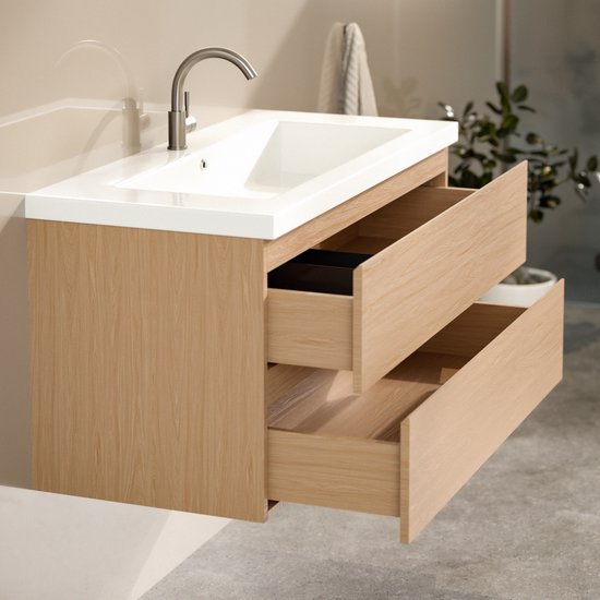 Mirlux Badezimmerschrank Hell-Eiche 100 cm – Waschbecken Weiß – Badezimmerschrank-Set – Waschbeckenunterschrank Hell-Eiche
