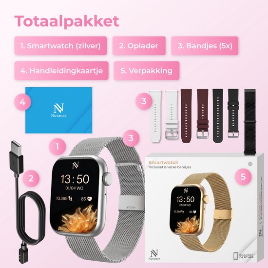 Nuvance Smartwatch für Damen – Smartwatch für Herren – Schrittzähler-Uhr für Damen – Herzfrequenzmesser – Sportuhr – Kompatibel mit iOS/Android – AMOLED – Inkl. 5 Armbänder – Silber