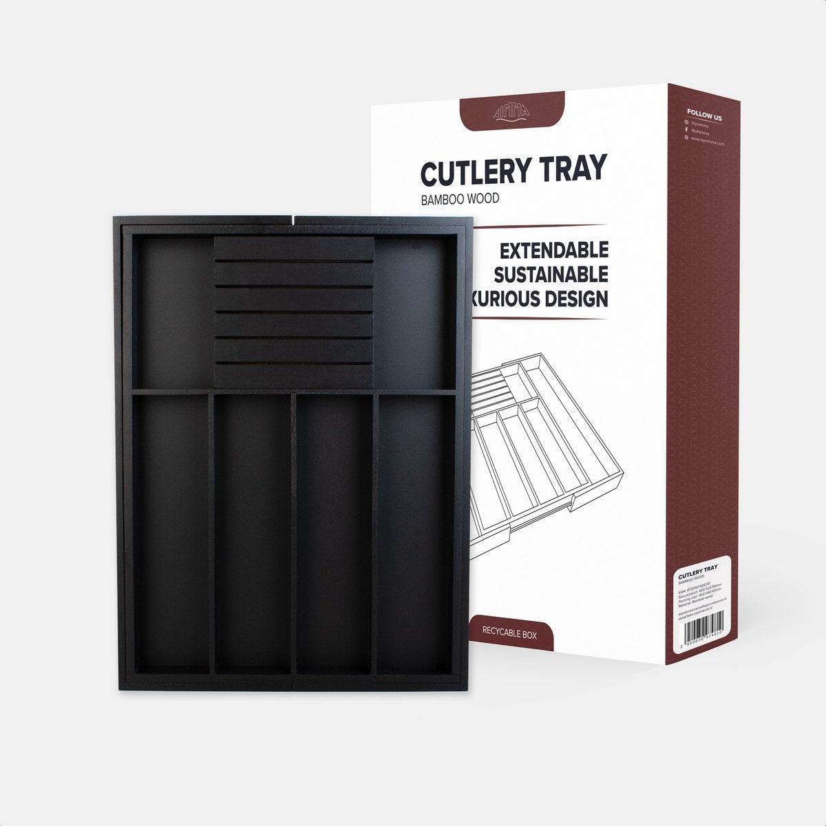 Nimma Besteckkasten - Ausziehbar - 7-Besteckschubladen - 43,5 cm tief - 5cm hoch - Bambusholz - Schwarz