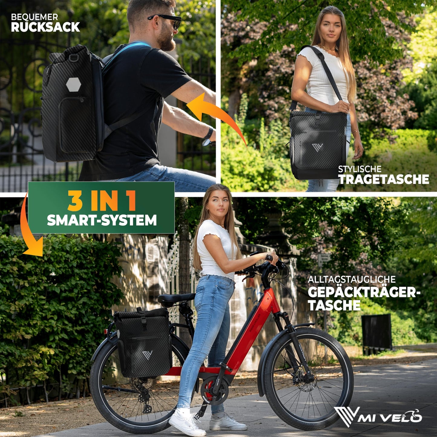 MIVELO - EVO - 25L - 3-in-1-Fahrradtasche für den Gepäckträger – 100 % wasserdicht – Schwarz Carbon