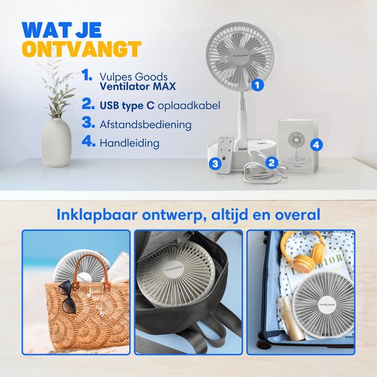 Vulpes Goods® Tech Wireless Tripod Fan - 4-in-1 wiederaufladbarer Ventilator - Leise & einstellbar - PRO Version - Weiß