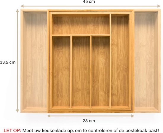 Budu Extendable Bamboo Cutlery Tray #33.5 (33.5 cm tief) - Besteckkassette Holz - Besteckschublade - 33.5 x 28 - 45 cm - 5/7 Fächer