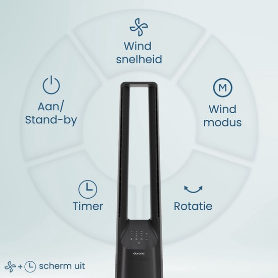 Auronic Turmventilator - Lamellenloses Modell - Luftkühler - Bodenventilator - Leiser Standventilator - 101 CM - 6 Geschwindigkeiten - Ventilator - Mit Zeitschaltuhr - 39 dB - Grau
