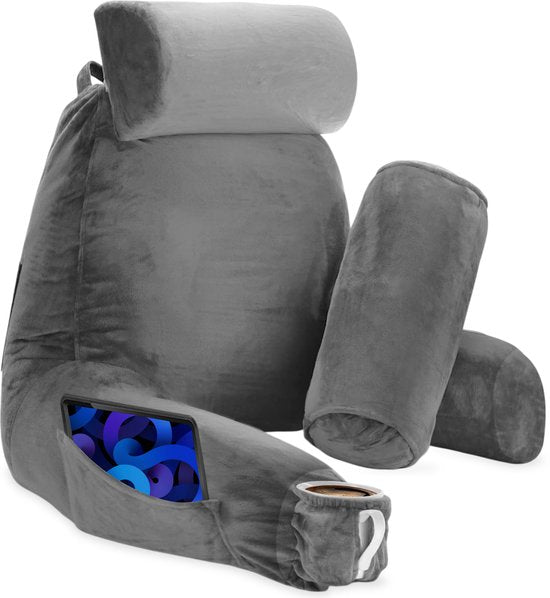 Soft & Silky Lesekissen fürs Bett - Gute Haltung - Mit 3 Ablagefächern - Für den unteren Rücken - Fürs Sofa - Grau