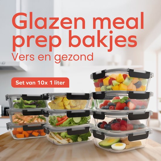 KitchenBrothers Mahlzeit Vorbereitung Tabletts - Glas Frische Tabletts - luftdicht - BPA und PFAS frei - 1L - Glas - 10 Stück