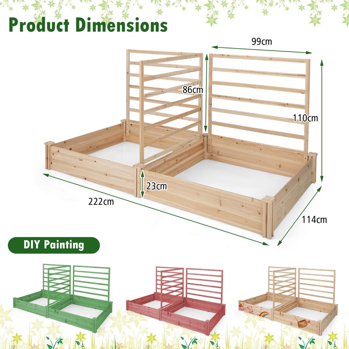 Coast Pflanzkasten aus Holz mit 3 Klettergittern – Hochbeet – Offener Boden – Naturbelassenes Kiefernholz – 222 x 114 x 110 cm
