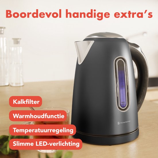 KitchenBrothers - Wasserkocher - Mit Temperaturregelung - Elektrisch - Mit Kalkfilter - 1,7L - Schwarz/RVS
