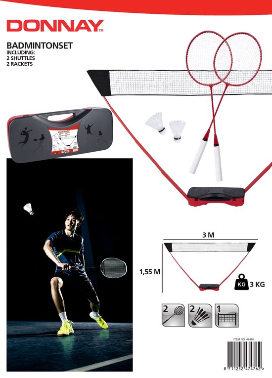 Donnay Badminton Set - 2 Personen - Badmintonschläger - Schläger - Badmintonnetz - Inkl. Reisekoffer - Schwarz/Rot
