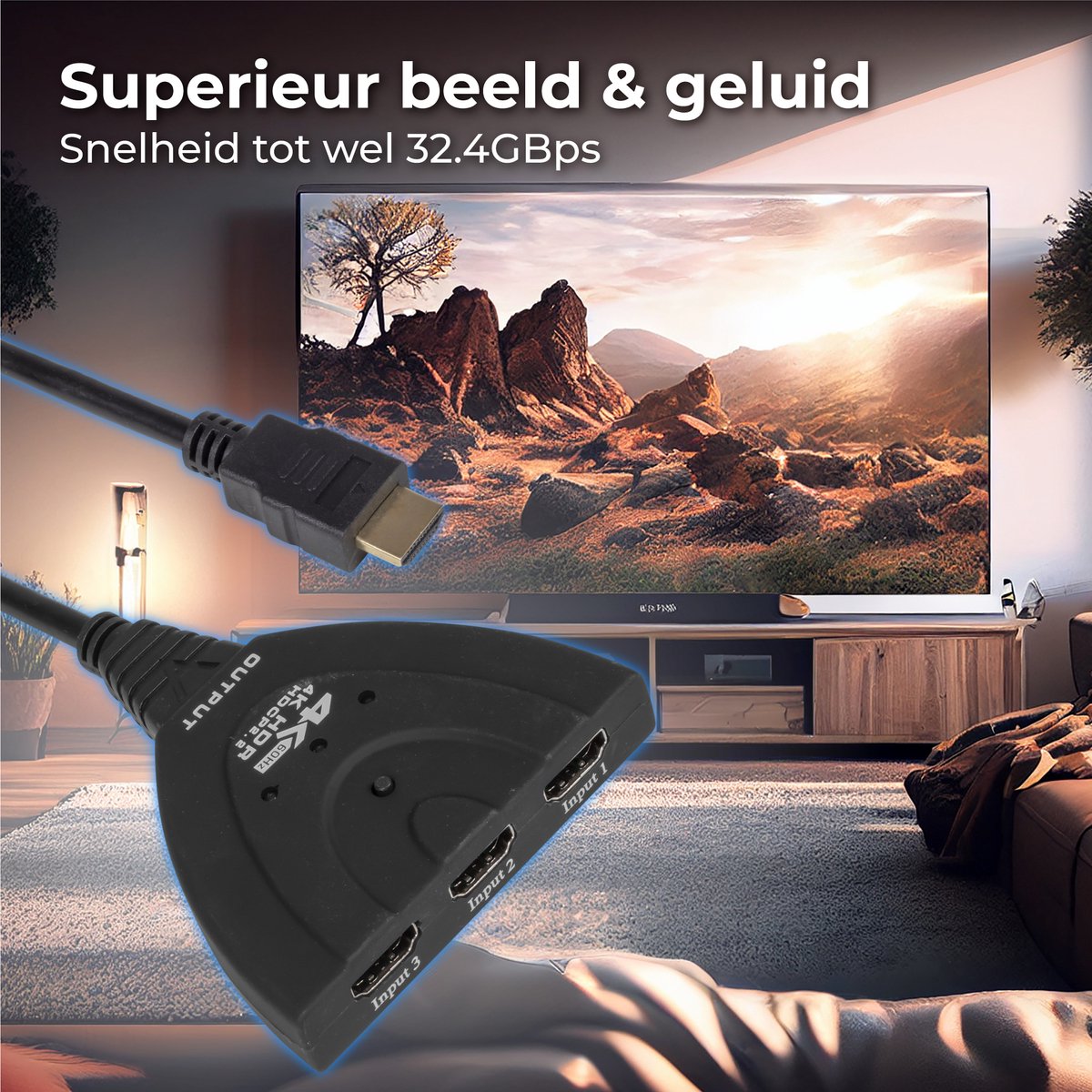 Nuvance HDMI-Umschalter - 3 Eingänge, 4K 60Hz-Unterstützung - 60 cm - Schwarz
