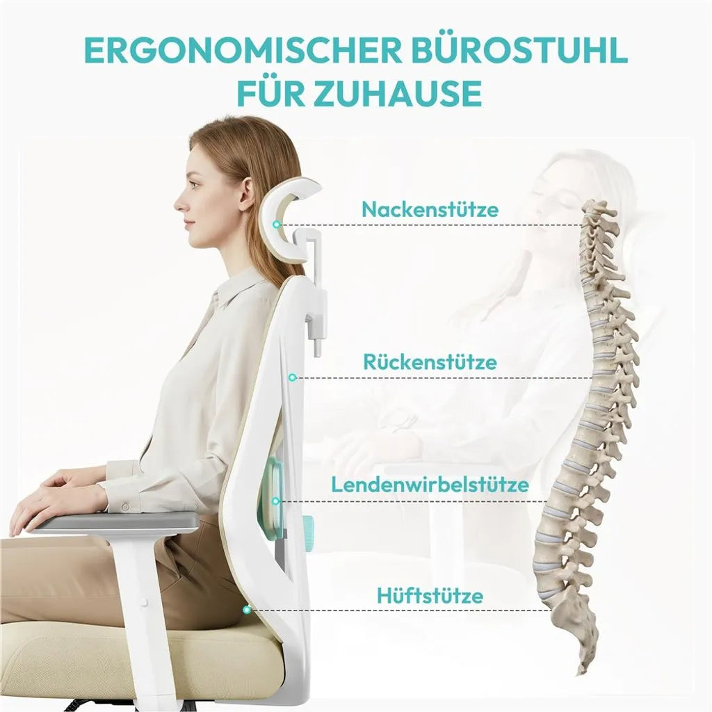 Yaheetech Ergonomischer Bürostuhl mit verstellbarer Kopfstütze und Lendenwirbelstütze – Beige – 70 x 59 x 115–125 cm