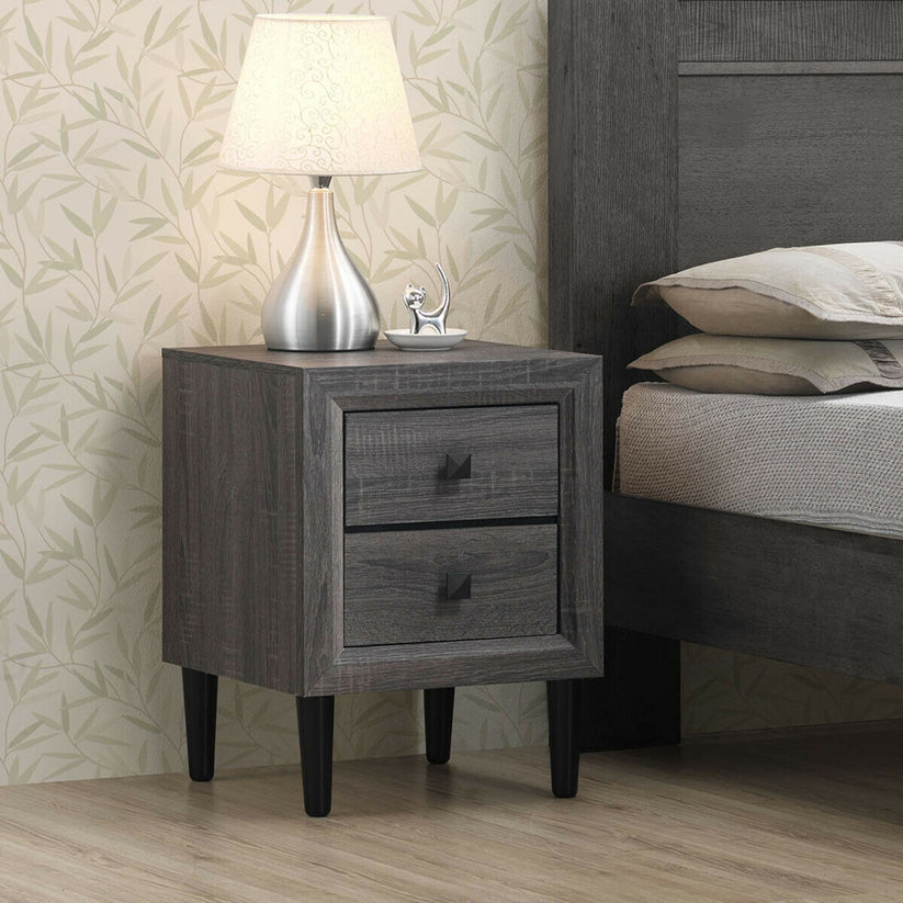 Multifunktionaler Retro-Nachttisch mit 2 Schubladen - 42 x 42 x 55 cm - Grau - MDF und Rubberwood