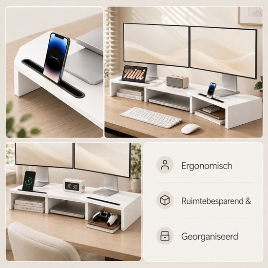 Ceruzo Monitor-Erhöhung – Für 1 oder 2 Bildschirme – Verstellbar von 80 bis 112,5 cm – Weiß