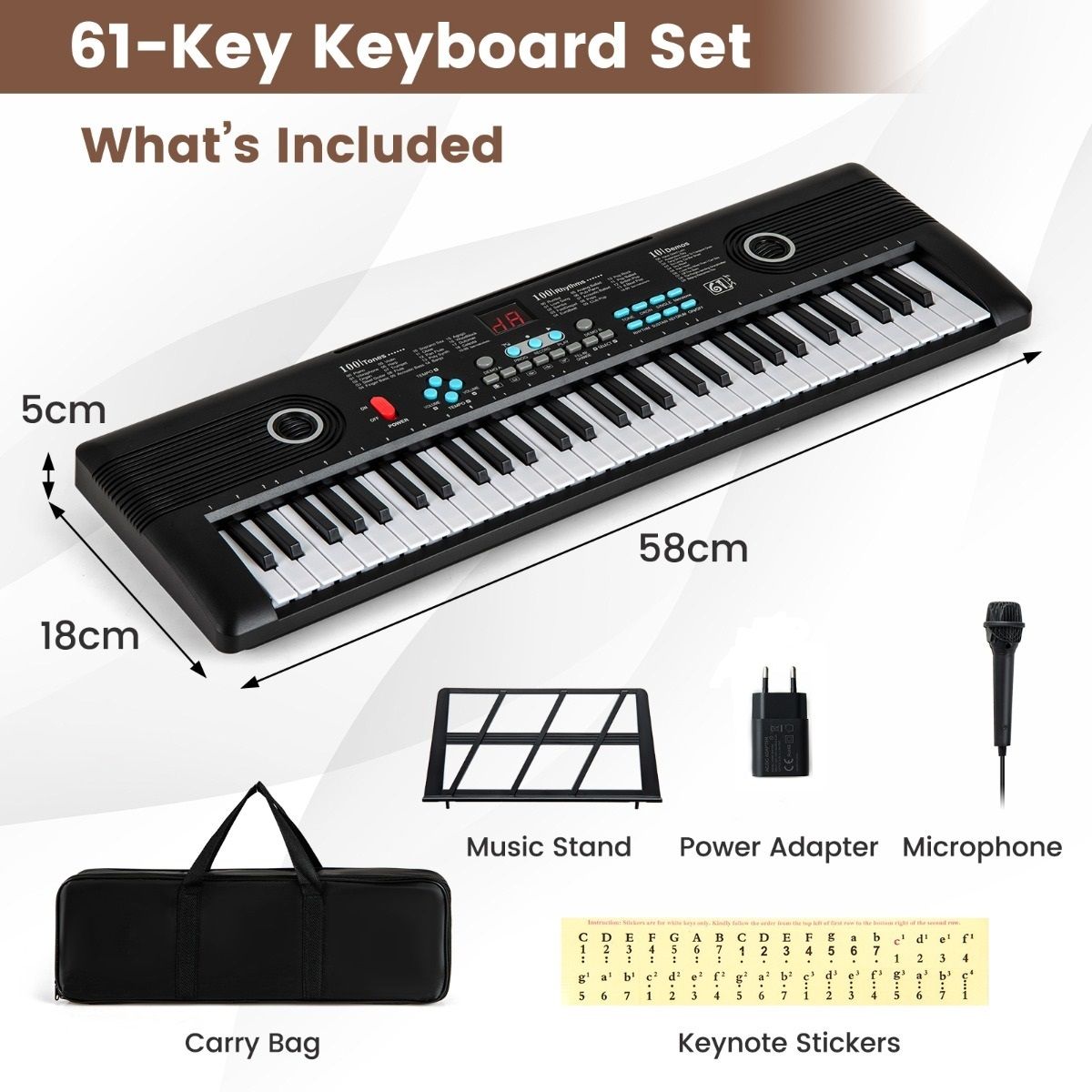 Coast Kinderkeyboard mit 61 Tasten, Ständer, Mikrofon und Tragetasche – 58 x 18 x 5 cm – Schwarz