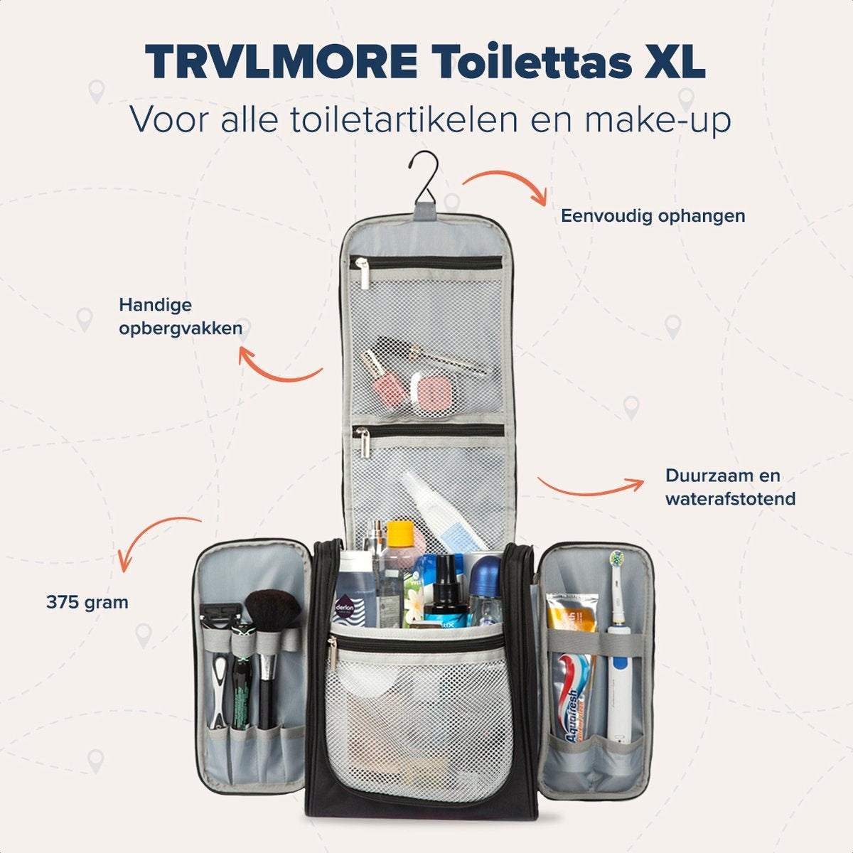 TRVLMORE Kulturtasche XL - Hängend mit Haken - Schwarz