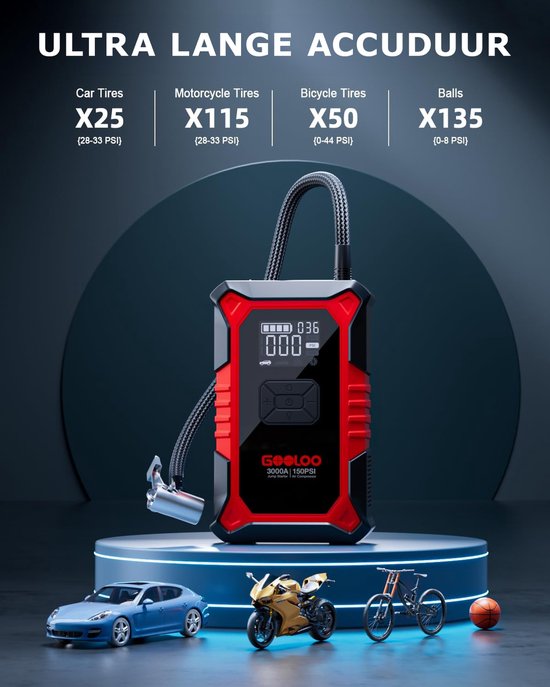 GOOLOO A3 – Tragbarer Starthilfe-Akku mit Kompressor und Powerbank – 3000 A – 12-V-Fahrzeuge – USB-Schnellladung – Kompaktes Design – LED-Taschenlampe – Für Auto, Motorrad und Boot