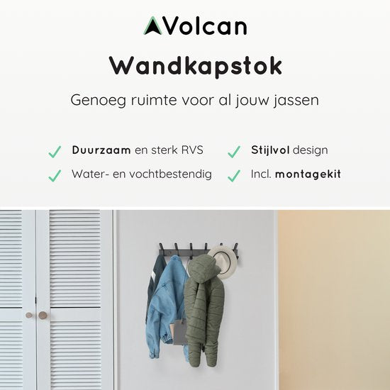 Volcan Wandgarderobe - 12 Haken - Edelstahl - Wandgarderobe zum Aufhängen - Industriell - 3M-Band - Schwarz