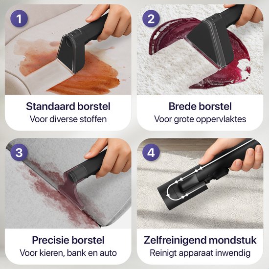 LUMAN 4 in 1 Teppichreiniger - Heizfunktion und Selbstreinigung - Fleckenreiniger - Sitzreiniger - Reiniger für Sofa, Boden, Auto und Teppich - 4 Bürsten - Inklusive Reinigungsmittel - 7 Meter Kabel