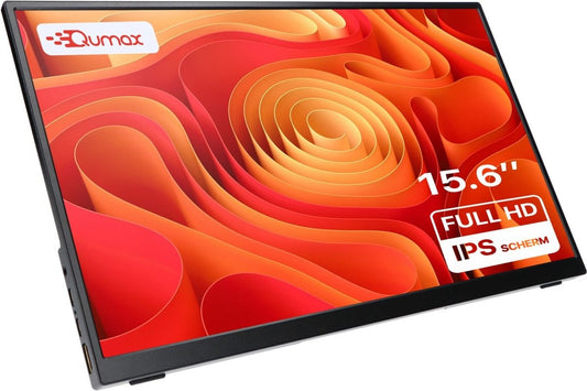Qumax Tragbarer Monitor - 15,6-Zoll-Tragbarer Monitor - Full HD - HDMI & USB-C - Inklusive Hülle & Standfuß - Multifunktional - Integrierte Lautsprecher