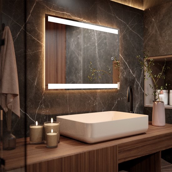 Mirlux Badezimmerspiegel mit LED-Beleuchtung & Heizung - Wandspiegel rechteckig- Anti-Kondensations-Duschspiegel - 90x65CM