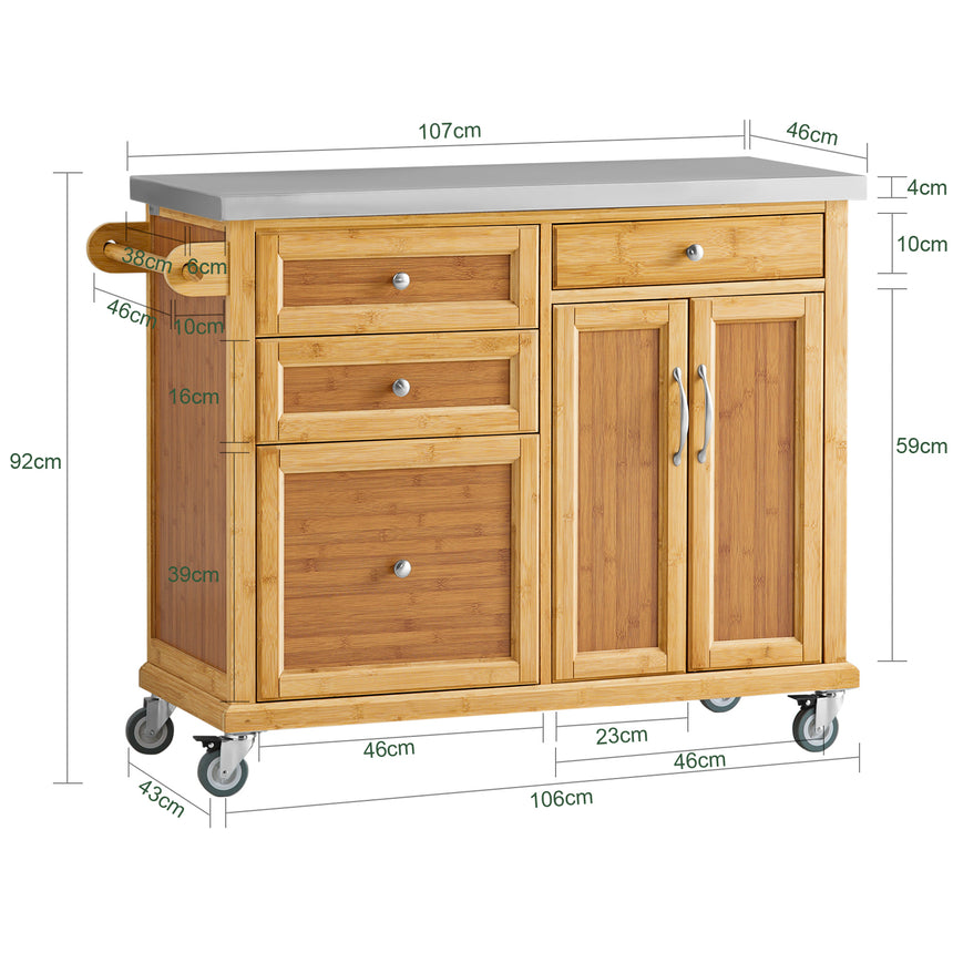 SoBuy Mobile Kücheninsel aus Bambus mit Arbeitsplatte aus Edelstahl – 4 Schubladen & Schrank – 115 cm