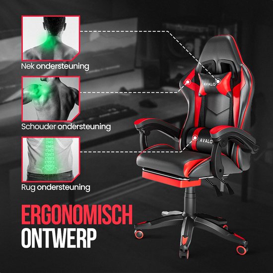 Avalo Gaming Chair - Game Chair - Ergonomischer Bürostuhl Verstellbar - Game Chair - Gaming Chair - Schwarz/Rot