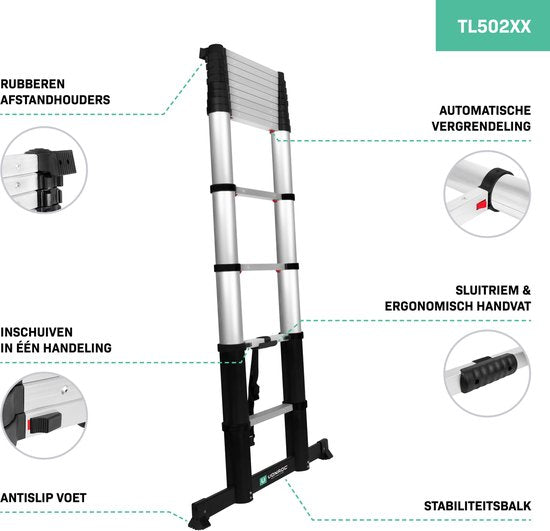VONROC PRO Teleskopleiter - 3,8m - mit Soft-Close & Quertraverse - Sicher & stabil