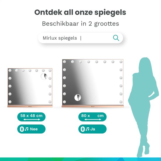 Mirlux Hollywood Mirror 80x60CM - 2 Bluetooth-Lautsprecher - USB & USB-C Ladeanschlüsse - LED-Beleuchtung - Schminkspiegel - 10x Zoom - Aufhängbar - Rose Gold