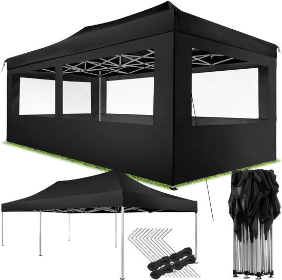 tectake® Faltpavillon – Zusammenklappbar und wasserdicht – Gartenpavillon mit 4 Seitenwänden – Inkl. Heringe, Abspannleinen und Tragetasche – Terrassenüberdachung, Partyzelt – 6 x 3 m – Schwarz