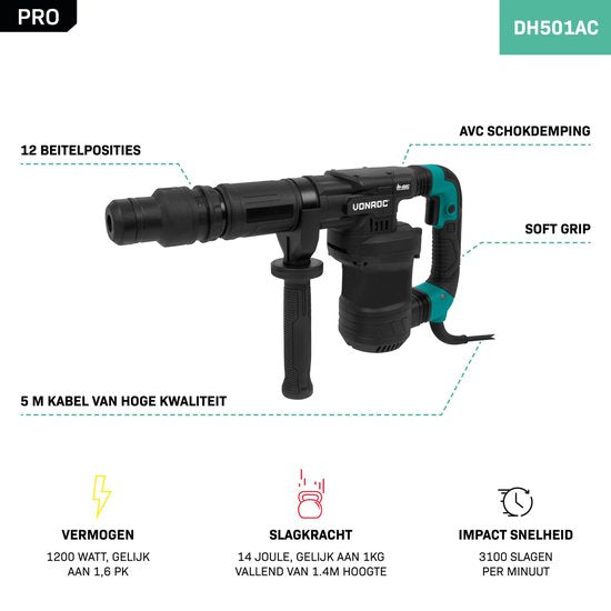 VONROC PRO Aufbrechhammer 1200W - 6kg - Schlagkraft: 14 Joule - Schlaggeschwindigkeit: 3100 p/m - 5 Meter Kabel - Inkl. Seitengriff, Spitzmeißel, Flachmeißel und Tube Fett