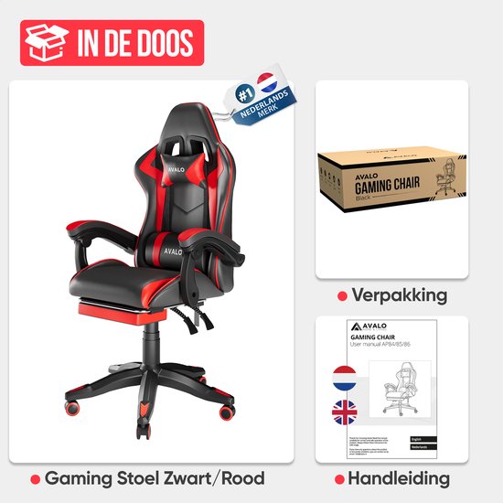 Avalo Gaming Chair - Game Chair - Ergonomischer Bürostuhl Verstellbar - Game Chair - Gaming Chair - Schwarz/Rot